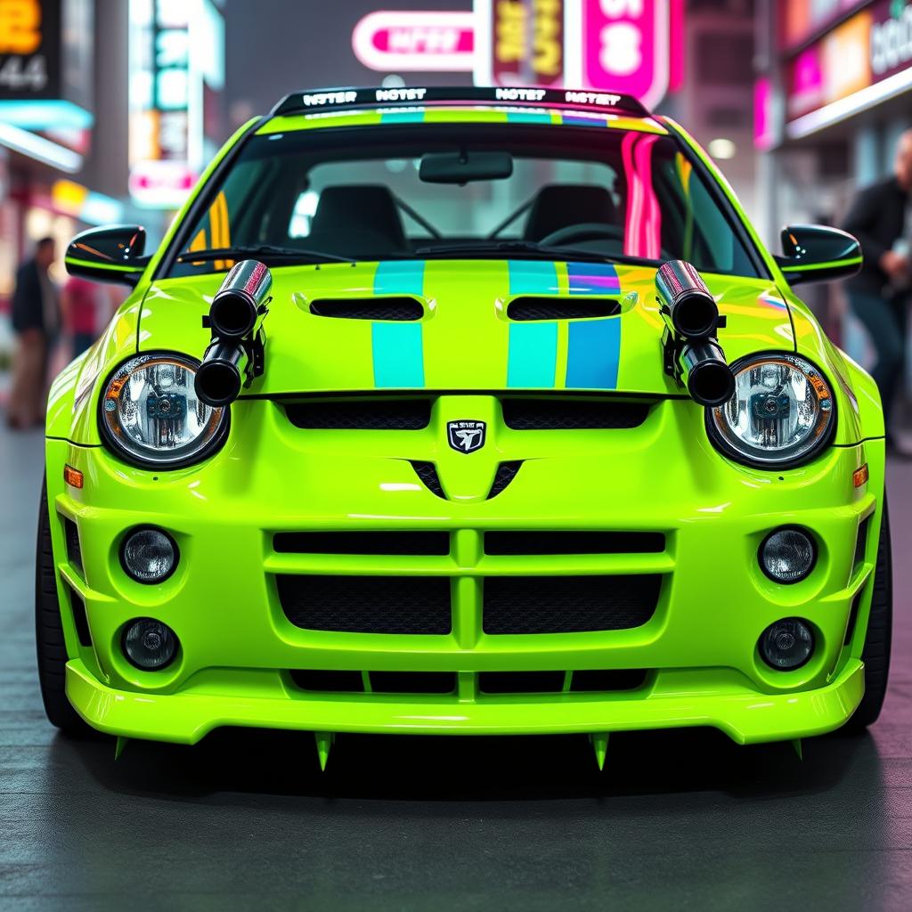 A sleek neon green 2005 Dodge Neon SRT-4 adorned with vibrant teal stripes, emphasizing its sporty and aggressive design