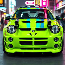 A sleek neon green 2005 Dodge Neon SRT-4 adorned with vibrant teal stripes, emphasizing its sporty and aggressive design