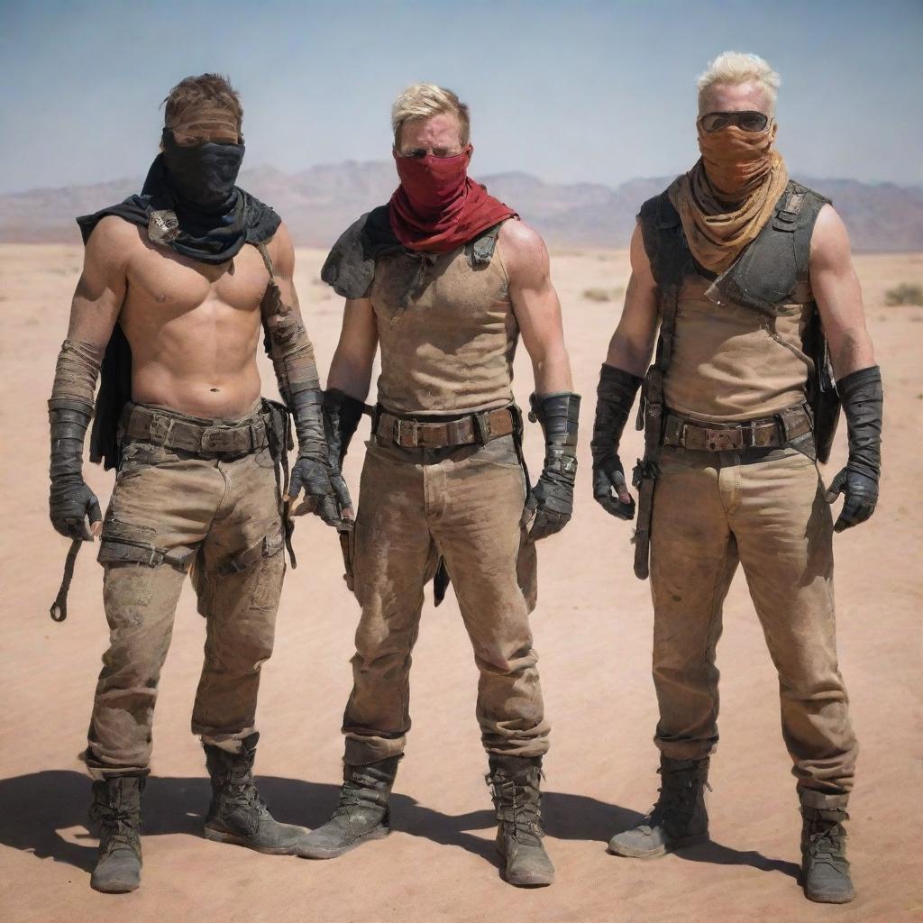 Desertpunk superheroes, equipped with rugged attire suitable for the scorched wasteland. Their costumes mix elements of nomadic and survival gear with sun-bleached colors and makeshift weaponry. Their powers are adapted to endure and master the harsh desert environment.