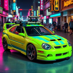 A sleek neon green 2005 Dodge Neon SRT-4 adorned with vibrant teal stripes, emphasizing its sporty and aggressive design