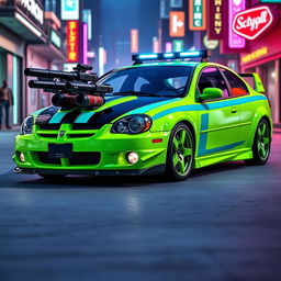 A sleek neon green 2005 Dodge Neon SRT-4 adorned with vibrant teal stripes, emphasizing its sporty and aggressive design