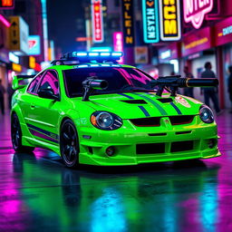 A sleek neon green 2005 Dodge Neon SRT-4 adorned with vibrant teal stripes, emphasizing its sporty and aggressive design