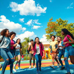 A scene depicting a vibrant school environment with various teenagers engaged in playful activities, showcasing camaraderie and friendship