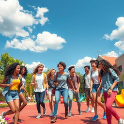 A scene depicting a vibrant school environment with various teenagers engaged in playful activities, showcasing camaraderie and friendship