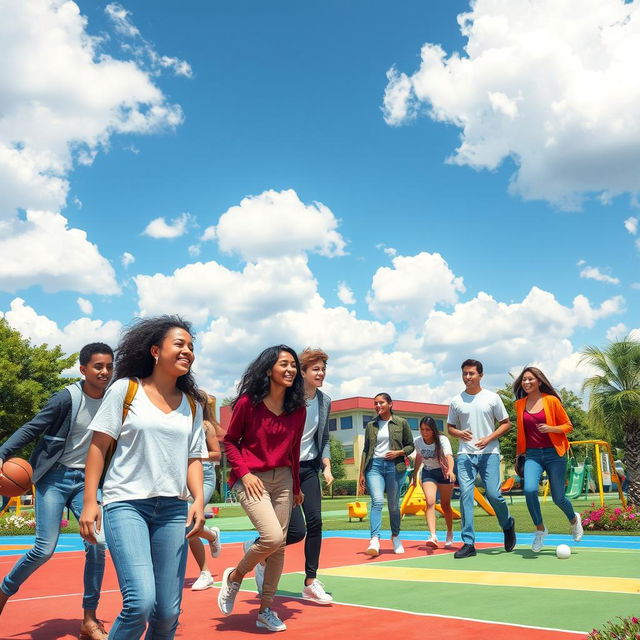 A scene depicting a vibrant school environment with various teenagers engaged in playful activities, showcasing camaraderie and friendship