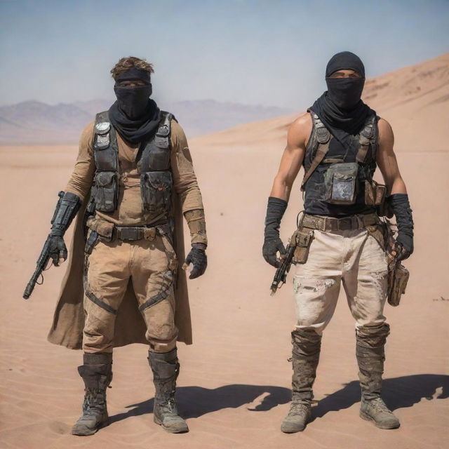 Desertpunk superheroes, equipped with rugged attire suitable for the scorched wasteland. Their costumes mix elements of nomadic and survival gear with sun-bleached colors and makeshift weaponry. Their powers are adapted to endure and master the harsh desert environment.