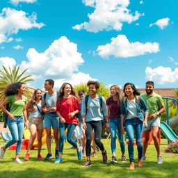 A scene depicting a vibrant school environment with various teenagers engaged in playful activities, showcasing camaraderie and friendship