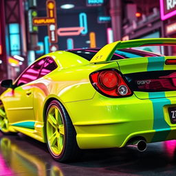 A sleek neon green 2005 Dodge Neon SRT-4 with vibrant teal stripes, showcasing its sporty and aggressive design