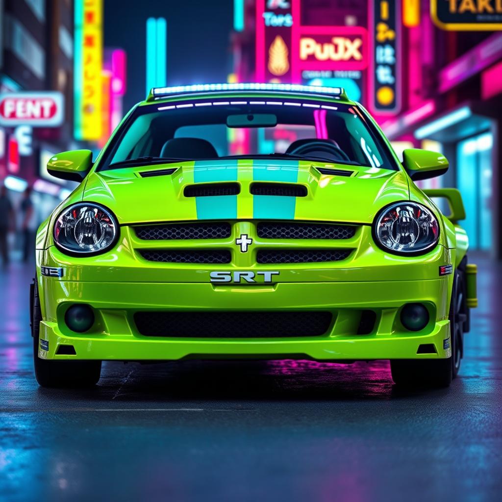 A sleek neon green 2005 Dodge Neon SRT-4 with vibrant teal stripes, showcasing its sporty and aggressive design