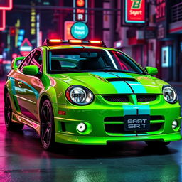 A sleek neon green 2005 Dodge Neon SRT-4 with vibrant teal stripes, showcasing its sporty and aggressive design