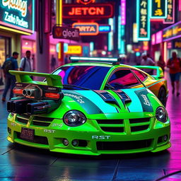 A sleek neon green 2005 Dodge Neon SRT-4 with vibrant teal stripes, showcasing its sporty and aggressive design