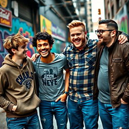 A dynamic group of four male friends having fun in an urban setting, laughing and joking with each other, exuding a sense of camaraderie