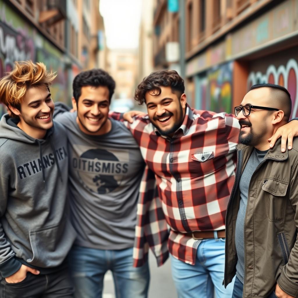 A dynamic group of four male friends having fun in an urban setting, laughing and joking with each other, exuding a sense of camaraderie