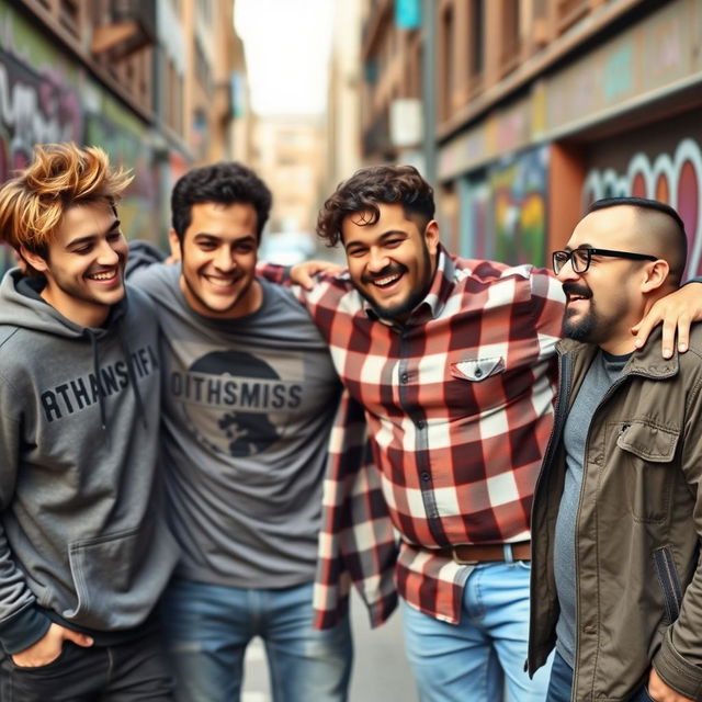 A dynamic group of four male friends having fun in an urban setting, laughing and joking with each other, exuding a sense of camaraderie