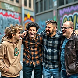 A dynamic group of four male friends having fun in an urban setting, laughing and joking with each other, exuding a sense of camaraderie