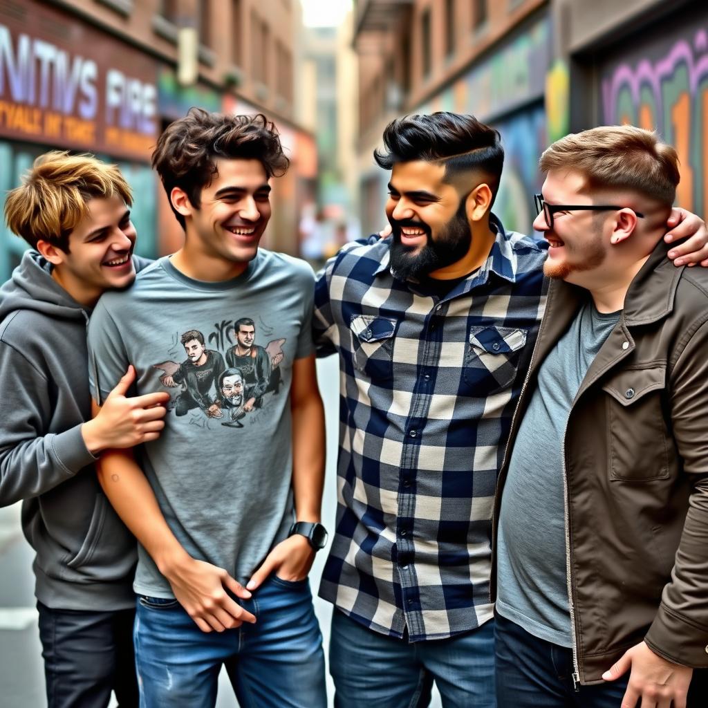 A dynamic group of four male friends having fun in an urban setting, laughing and joking with each other, exuding a sense of camaraderie