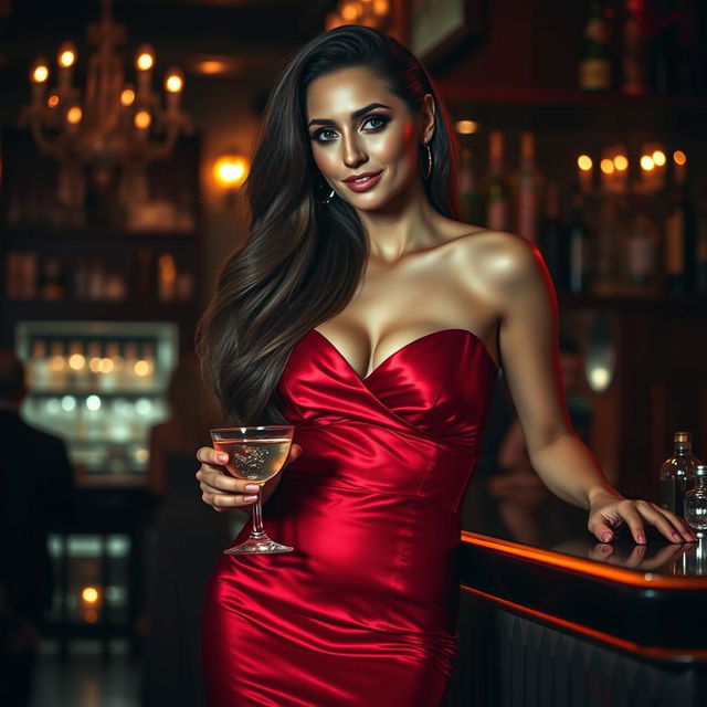 A sultry, confident woman with long flowing hair, wearing a radiant red satin dress that hugs her curves, standing in a glamorous cocktail bar