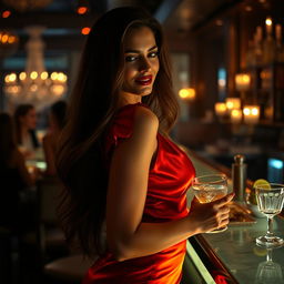 A sultry, confident woman with long flowing hair, wearing a radiant red satin dress that hugs her curves, standing in a glamorous cocktail bar