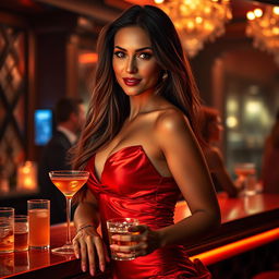 A sultry, confident woman with long flowing hair, wearing a radiant red satin dress that hugs her curves, standing in a glamorous cocktail bar