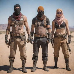 Desertpunk superheroes, equipped with rugged attire suitable for the scorched wasteland. Their costumes mix elements of nomadic and survival gear with sun-bleached colors and makeshift weaponry. Their powers are adapted to endure and master the harsh desert environment.