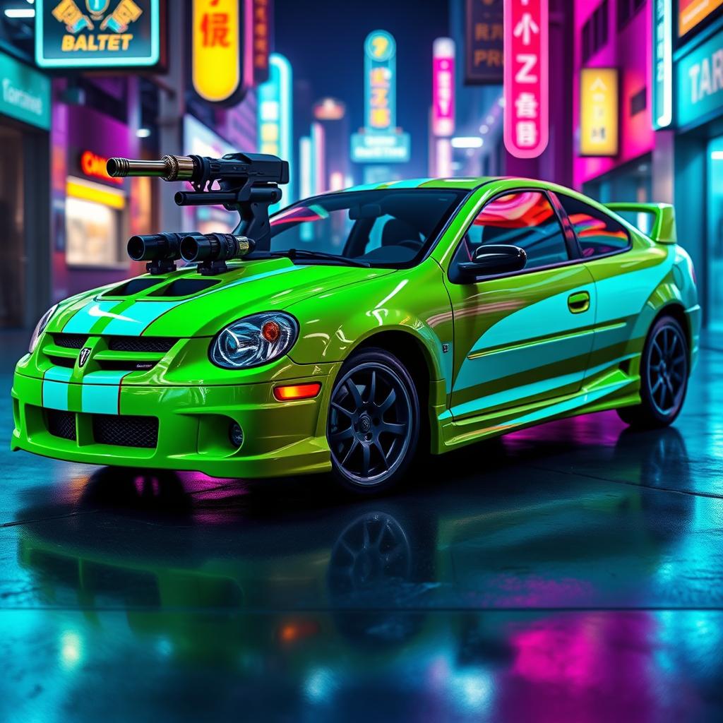 A sleek neon green 2005 Dodge Neon SRT-4 featuring striking teal stripes, highlighting its sporty and aggressive design