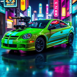 A sleek neon green 2005 Dodge Neon SRT-4 featuring striking teal stripes, highlighting its sporty and aggressive design