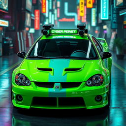 A sleek neon green 2005 Dodge Neon SRT-4 featuring striking teal stripes, highlighting its sporty and aggressive design