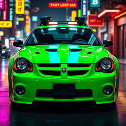 A sleek neon green 2005 Dodge Neon SRT-4 featuring striking teal stripes, highlighting its sporty and aggressive design