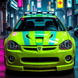 A sleek neon green 2005 Dodge Neon SRT-4 featuring striking teal stripes, highlighting its sporty and aggressive design