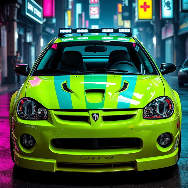 A sleek neon green 2005 Dodge Neon SRT-4 featuring striking teal stripes, highlighting its sporty and aggressive design