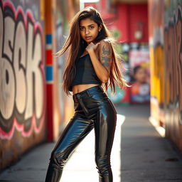 A confident teenage girl of Indian descent, showcasing a fashionable look in modern streetwear