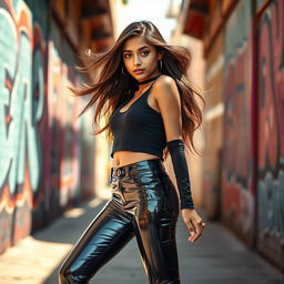 A confident teenage girl of Indian descent, showcasing a fashionable look in modern streetwear