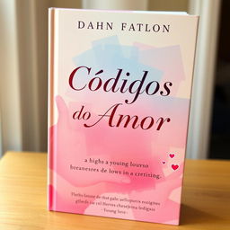 A book cover titled "Códigos do Amor" featuring a warm and soft color collage in hues of pink and blue, creating a cozy and emotional feeling that reflects the highs and lows of young love