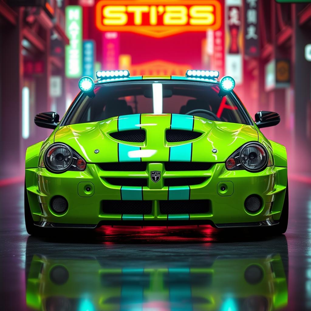 A sleek neon green 2005 Dodge Neon SRT-4 with striking teal stripes that enhance its sporty and aggressive aesthetic