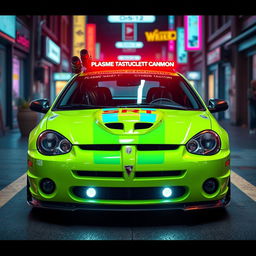 A sleek neon green 2005 Dodge Neon SRT-4 with striking teal stripes that enhance its sporty and aggressive aesthetic