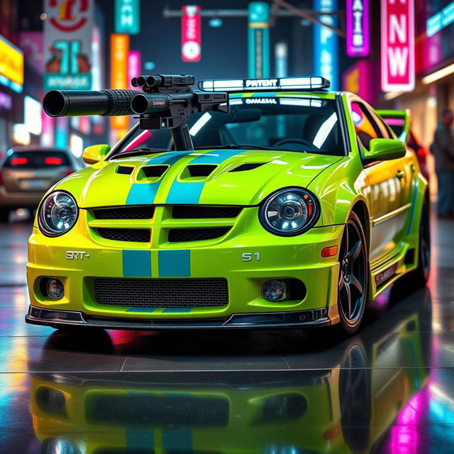 A sleek neon green 2005 Dodge Neon SRT-4 with striking teal stripes that enhance its sporty and aggressive aesthetic