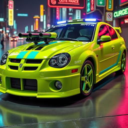 A sleek neon green 2005 Dodge Neon SRT-4 with striking teal stripes that enhance its sporty and aggressive aesthetic