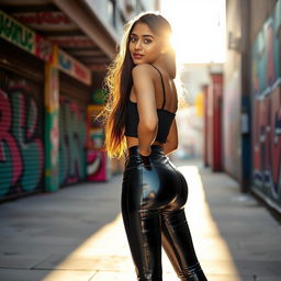 A fashionable teenage girl of Indian descent, showcasing a stylish look in a fitted black latex pant that contours to her figure