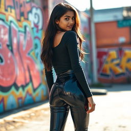 A fashionable teenage girl of Indian descent, showcasing a stylish look in a fitted black latex pant that contours to her figure