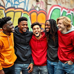 A lively scene featuring a diverse group of four male friends having a great time together in an urban environment