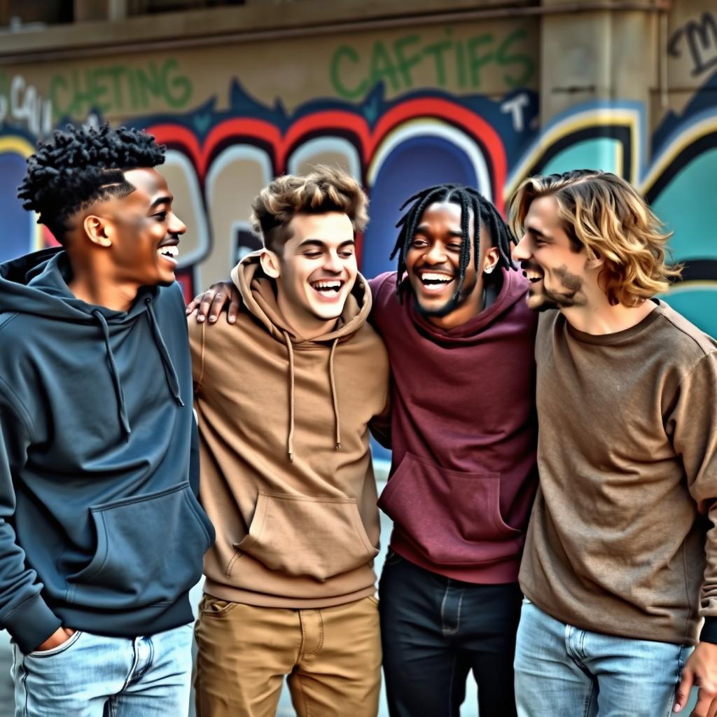 A lively scene featuring a diverse group of four male friends having a great time together in an urban environment