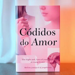 A book cover titled "Códigos do Amor" featuring a warm and soft color collage in hues of pink and blue, creating a cozy and emotional atmosphere that reflects the highs and lows of young love