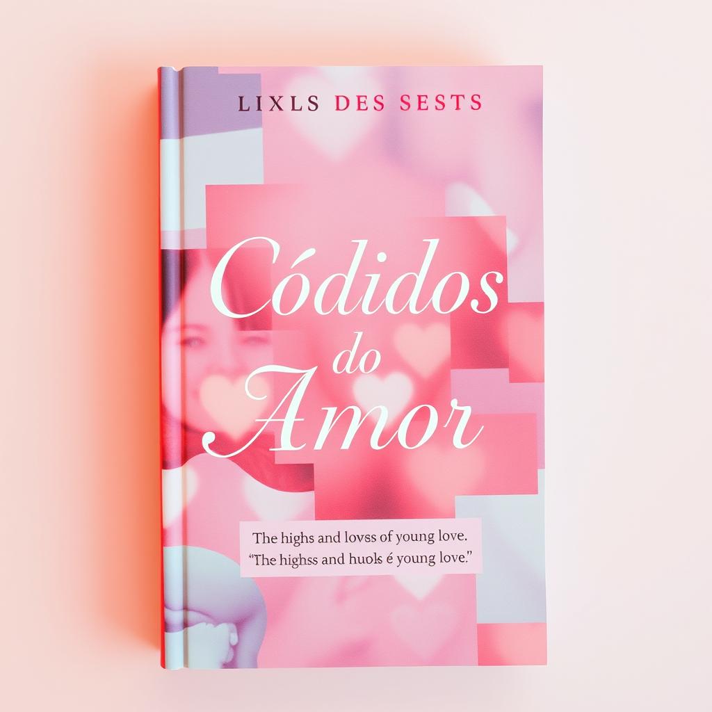 A book cover titled "Códigos do Amor" featuring a warm and soft color collage in hues of pink and blue, creating a cozy and emotional atmosphere that reflects the highs and lows of young love