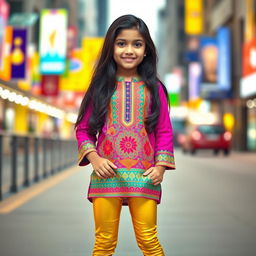 A fashionable young Indian girl wearing eye-catching golden leggings and a stylish kurta