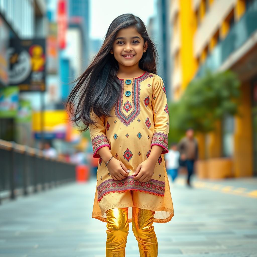 A fashionable young Indian girl wearing eye-catching golden leggings and a stylish kurta