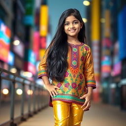 A fashionable young Indian girl wearing eye-catching golden leggings and a stylish kurta