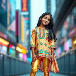 A fashionable young Indian girl wearing eye-catching golden leggings and a stylish kurta