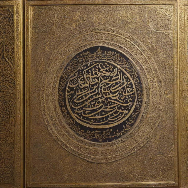 A beautifully detailed image of the holy Quran book with gold embossed calligraphy on the cover.