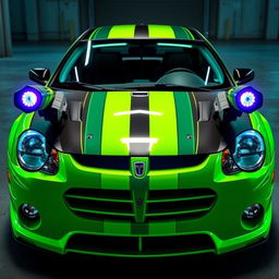 A sleek neon green 2005 Dodge Neon SRT-4 with teal stripes, featuring a sporty and aggressive design