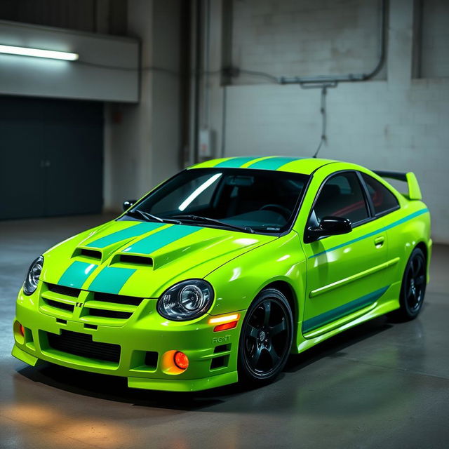 A sleek neon green 2005 Dodge Neon SRT-4 with teal stripes, featuring a sporty and aggressive design